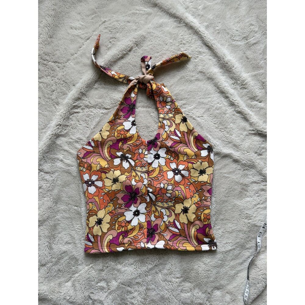 SO Goods For Life Women’s Floral Halter Crop Top Size S Retro Print